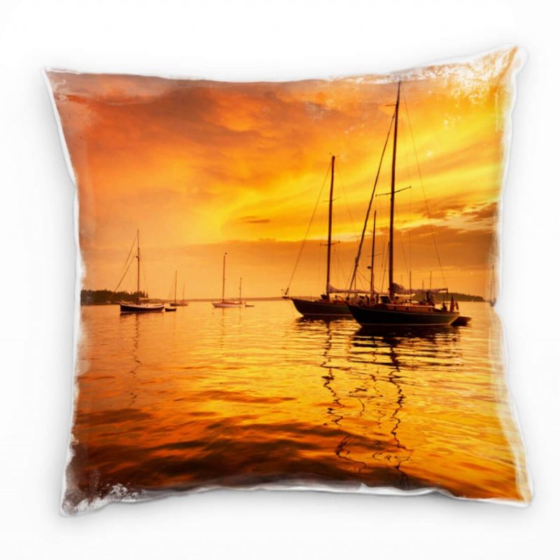 Meer, Sonnenuntergang, Segelboote, orange Deko Kissen 40x40cm für Couch Sofa Lounge Zierkissen