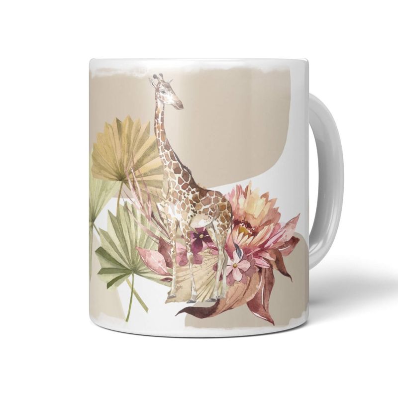 Tasse Porzellan Tier Motiv Giraffe Pflanzen Blumen Pastelltöne Kunstvoll