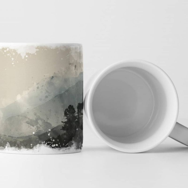 Tasse Geschenk Illustration mit Wasserfarben – nebliger Morgen am See