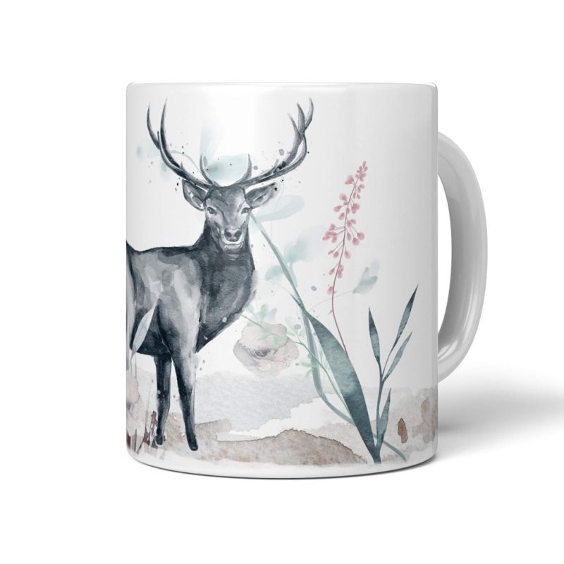 Tasse Porzellan Tier Motiv Hirsch Natur Blumen Wasserfarben Kunstvoll