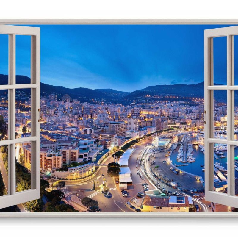 Wandbild 120x80cm Fensterbild Monte-Carlo Monaco Küste Hafen Stadtlichter