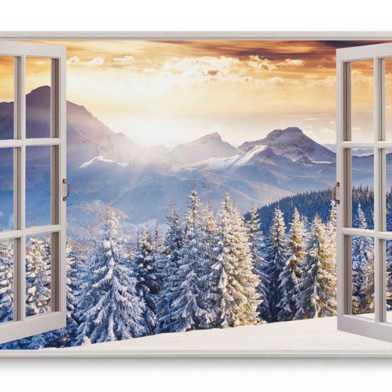 Wandbild 120x80cm Fensterbild Winter Winterlandschaft Tannenwald Sonnenuntergang Berge