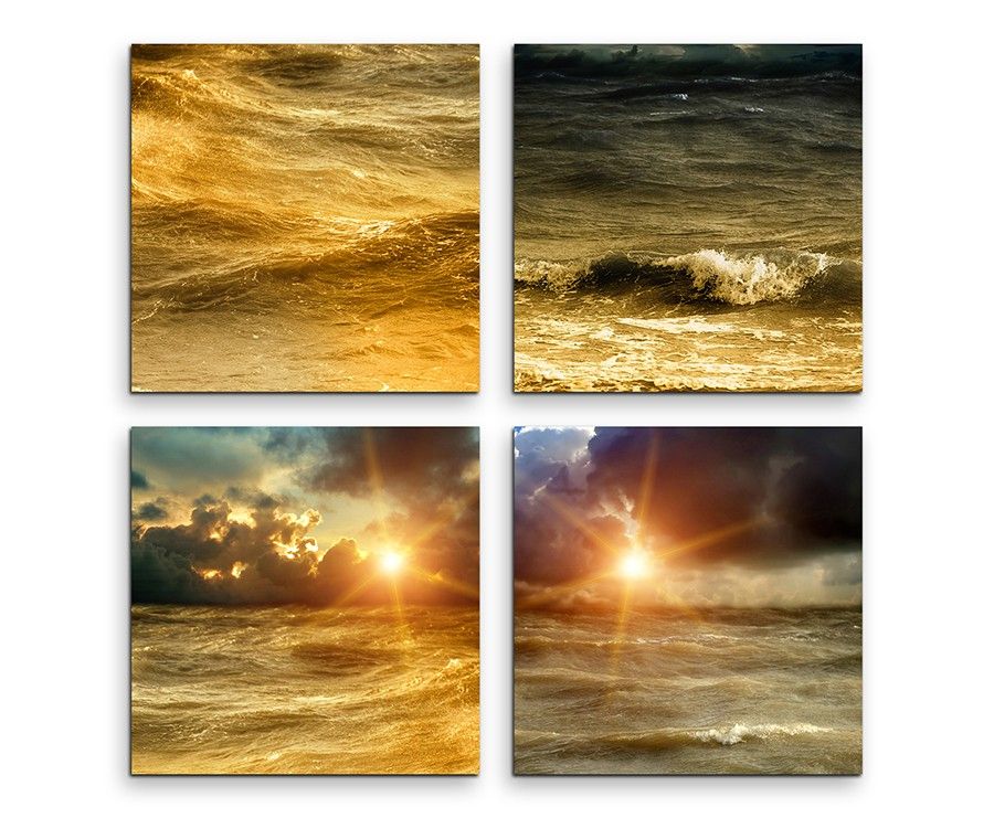 4 teiliges Leinwandbild je 30x30cm  –  Sonnenuntergang Meer Wasser Wellen Sommer