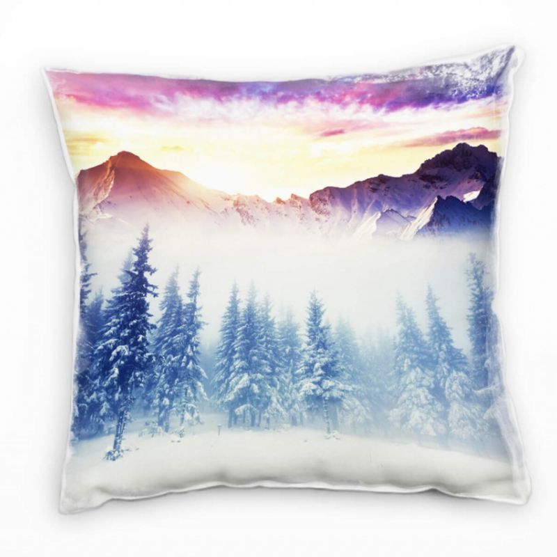 Winter, gelb, pink, grau, Schnee, Nadelwald, Berge Deko Kissen 40x40cm für Couch Sofa Lounge Zierkis