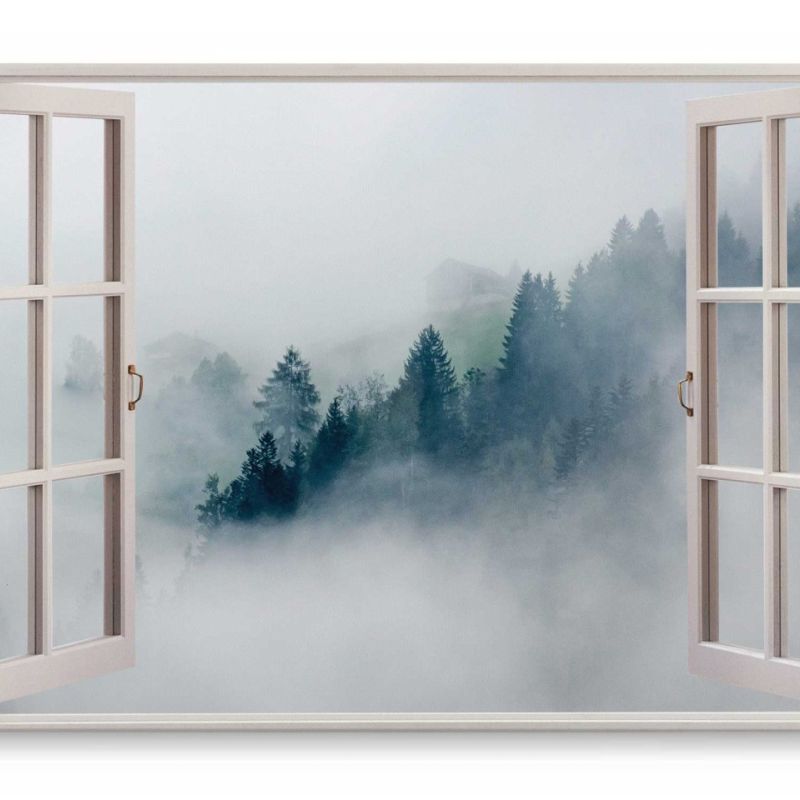 Wandbild 120x80cm Fensterbild Tannenwald Nebel Tannen Bäume Morgentau