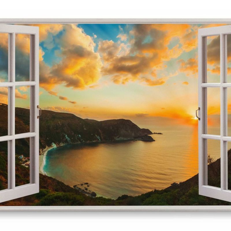 Wandbild 120x80cm Fensterbild Roter Himmel Bucht Meer Abendrot Sonnenuntergang