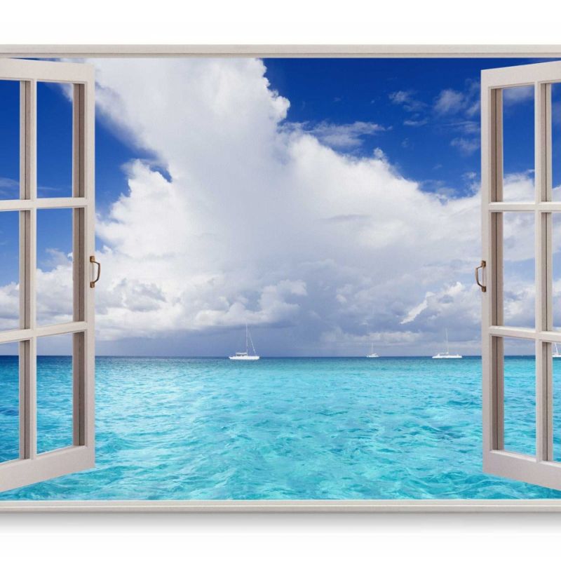 Wandbild 120x80cm Fensterbild Blaues Meer Horizont weiße Wolken Segelboote