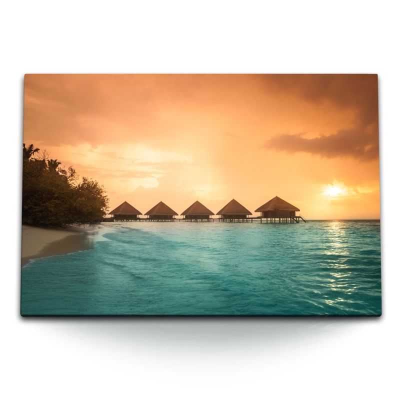 120x80cm Wandbild auf Leinwand Malediven Wasserbungalow Abendrot roter Himmel Meer