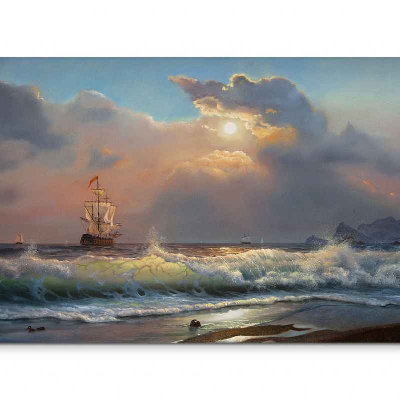 120x80cm Wandbild Ölgemälde Strand Meer Wellen Segelboot Wolken