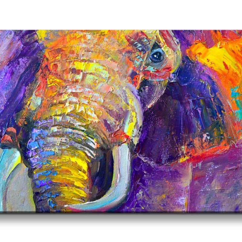 Leinwandbild 120x60cm Elefant Abstrakt Farbenfroh Bunt Kunstvoll Stoßzähne