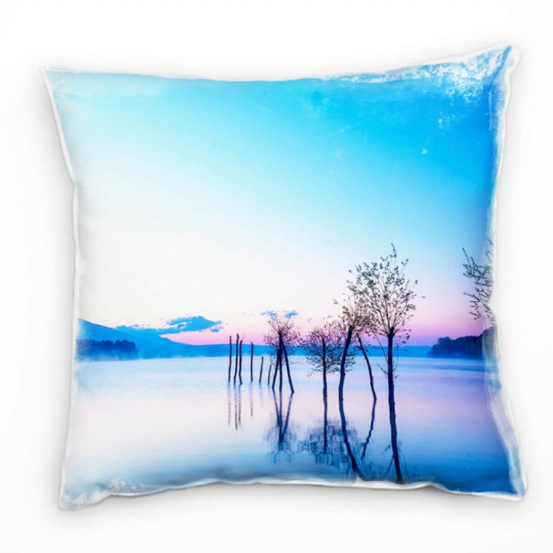 Seen, Sonnenuntergang, Spiegelung, blau, pink Deko Kissen 40x40cm für Couch Sofa Lounge Zierkissen