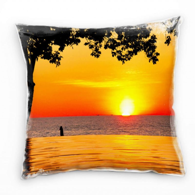 Natur, Sonnenuntergang, Pool, Baum, orange, rot Deko Kissen 40x40cm für Couch Sofa Lounge Zierkissen