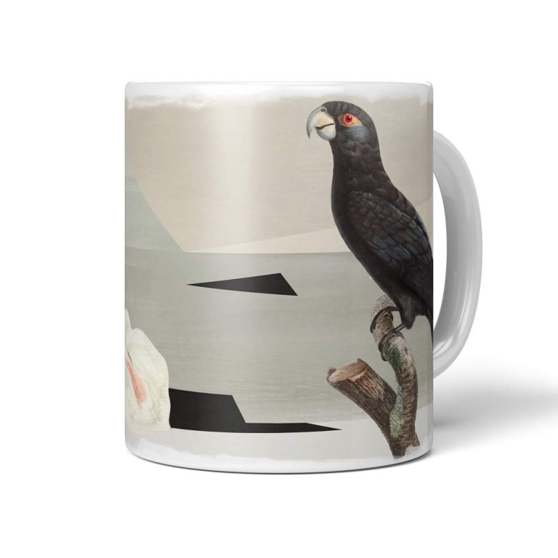 Dekorative Tasse mit schönem Vogel Motiv schwarzer Papagei schönem Design Kunstvoll Pastelltöne