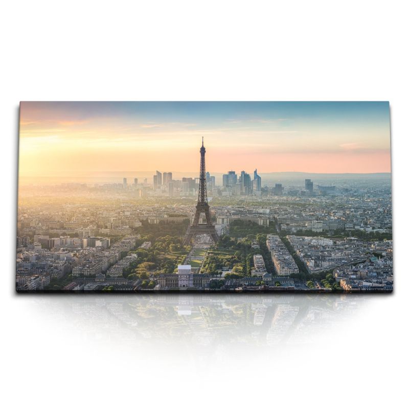 Kunstdruck Bilder 120x60cm Sonnenuntergang Paris Eiffelturm Großstadt Abendrot