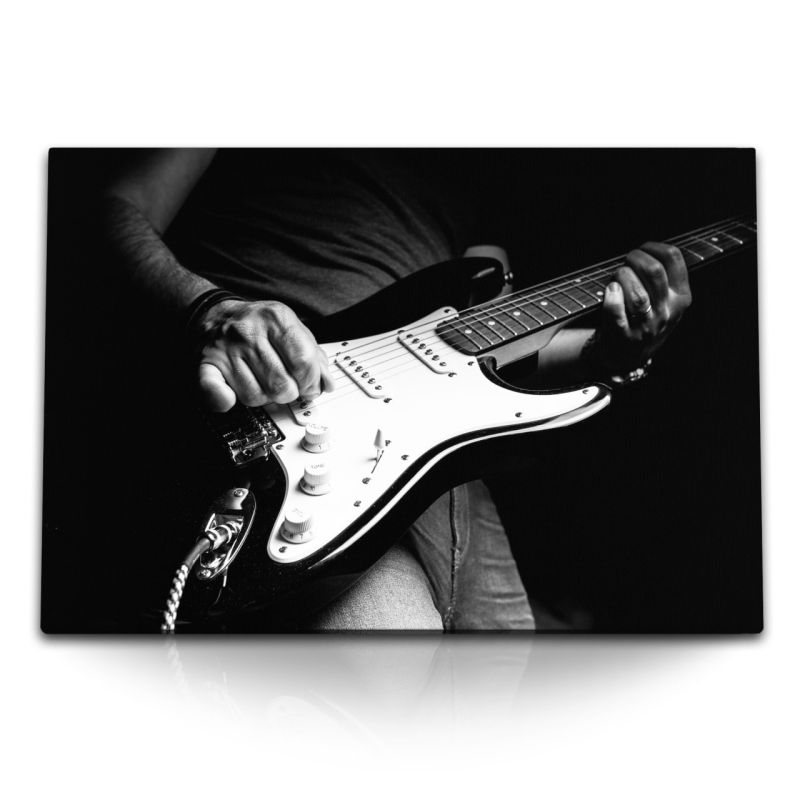 120x80cm Wandbild auf Leinwand E–Gitarre Gitarre Gitarrist Rock and Roll Schwarz