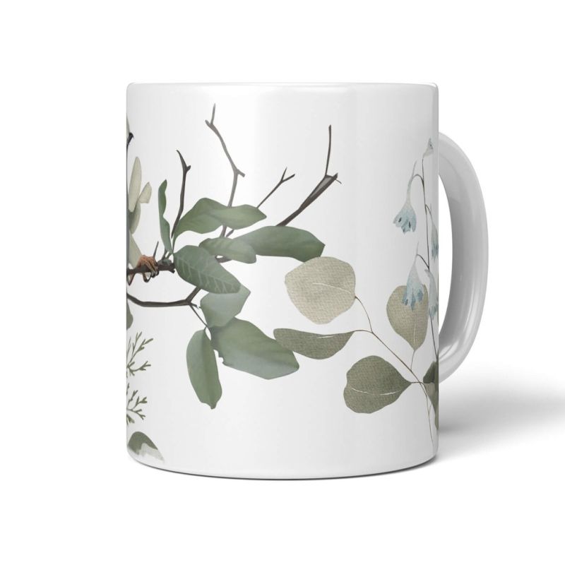 Dekorative Tasse mit schönem Vogel Motiv Singvogel Ast Eukalyptus Blumen Kunstvoll