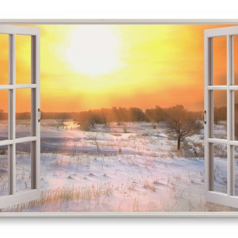 Wandbild 120x80cm Fensterbild Winter Schnee Sonnenuntergang Sonnenstrahlen Landschaft