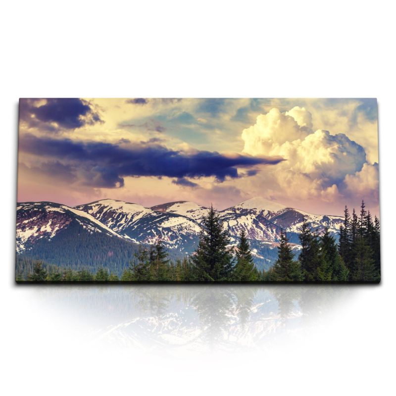 Kunstdruck Bilder 120x60cm Berge Landschaft Schnee Alaska Natur dunkle Wolken