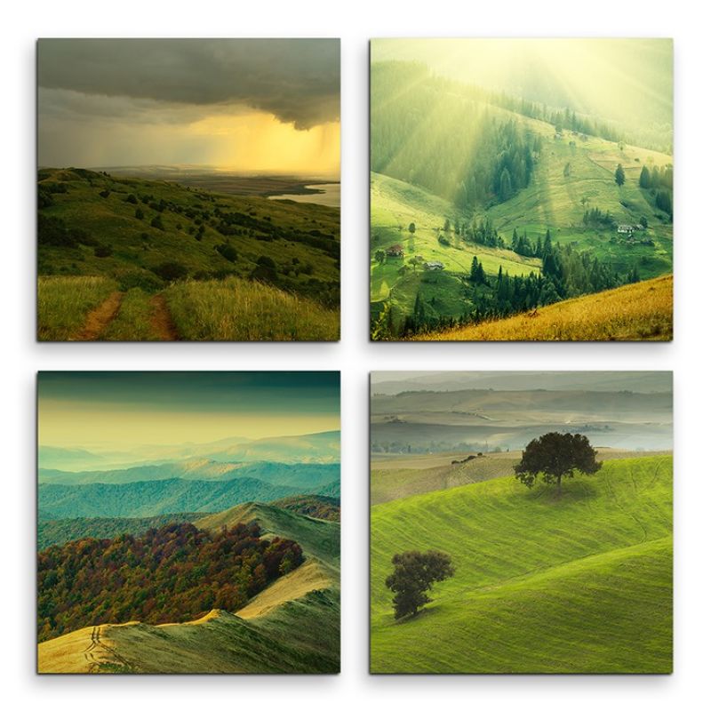 4 teiliges Leinwandbild je 30x30cm  –  Landschaft Gebirge Natur Wiese Sonne