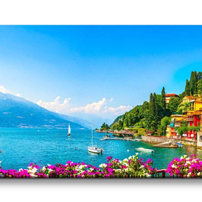 Leinwandbild 120x60cm Café Varenna Italien Comer See Alpensee Berge Idyllisch