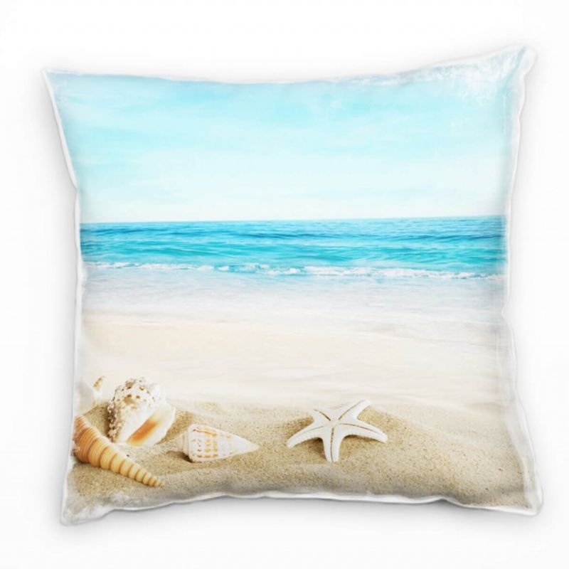 Strand und Meer, beige, türkis, Muscheln, Sand Deko Kissen 40x40cm für Couch Sofa Lounge Zierkissen