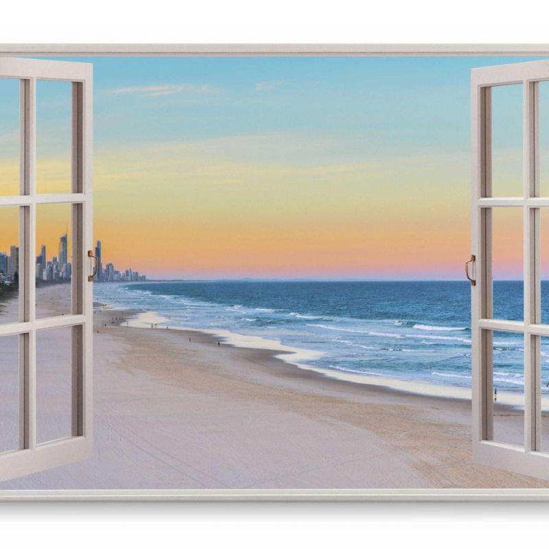 Wandbild 120x80cm Fensterbild Strand Horizont Abendrot Hochhäuser Sonnenuntergang