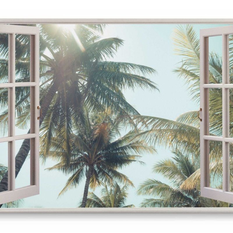 Wandbild 120x80cm Fensterbild Palmen Süden Karibik Sommer Sonne Sonnenschein