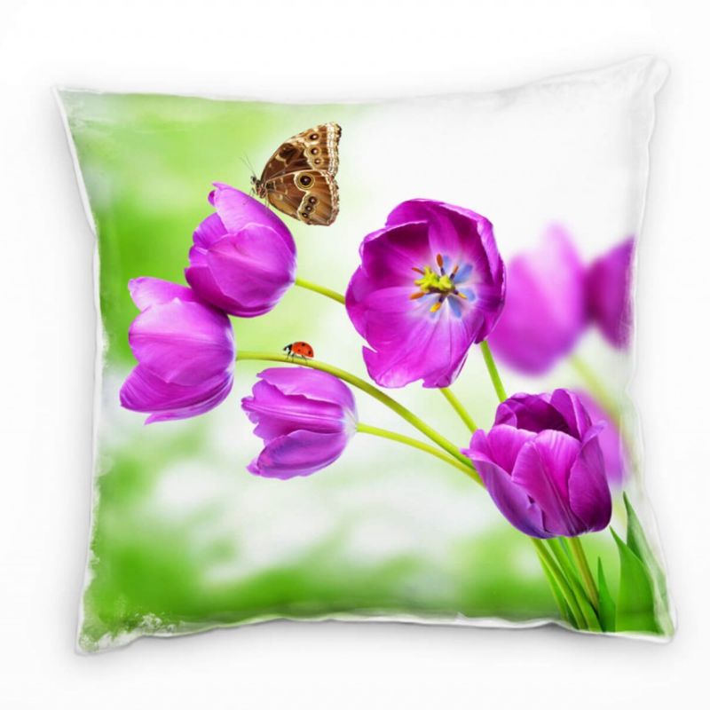 Macro, Blume,Schmetterling, grün, pink Deko Kissen 40x40cm für Couch Sofa Lounge Zierkissen