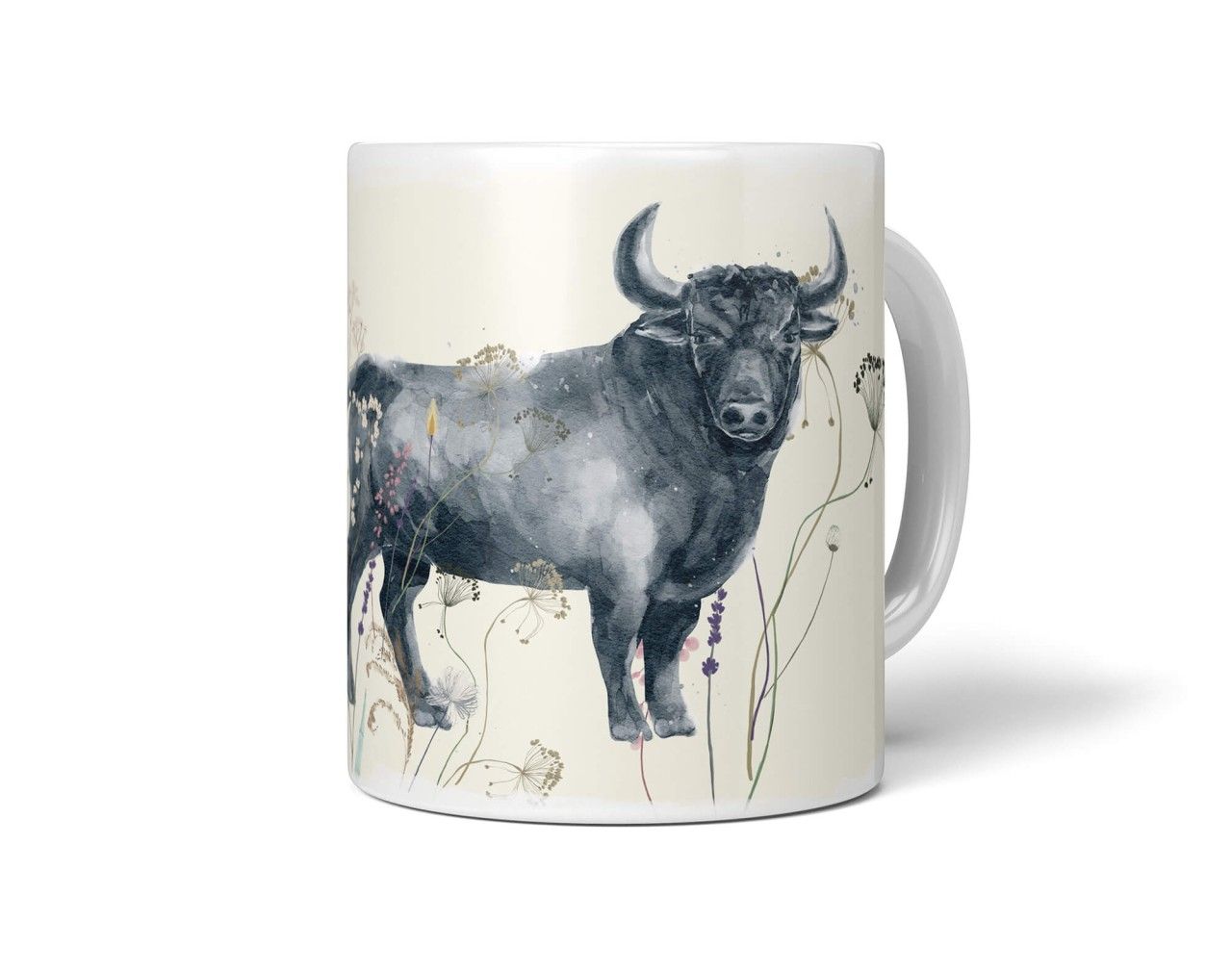 Tasse Porzellan Tier Motiv Bulle Stier Kraftvoll Feldblumen Blumen Aquarell