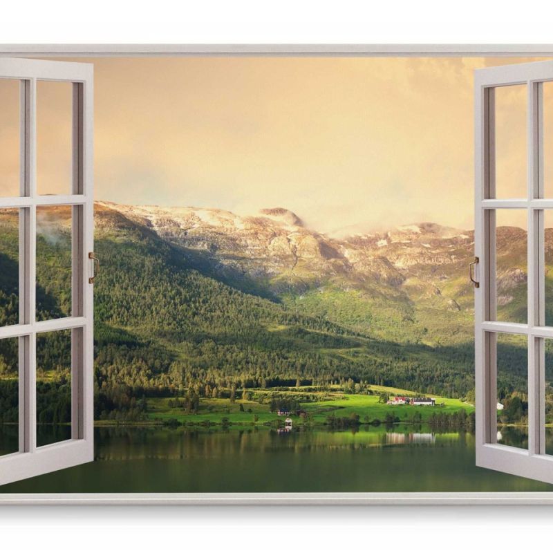 Wandbild 120x80cm Fensterbild Bergsee Natur Berge See Grün Sonnenuntergang