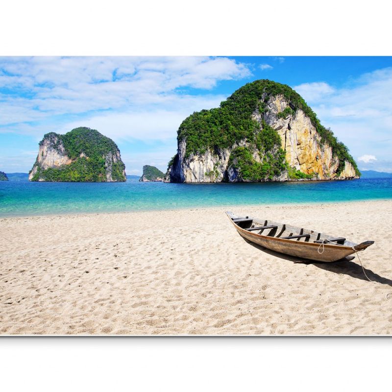 120x80cm Wandbild Thailand Krabi Sandstrand Meer Holzboot Felsen