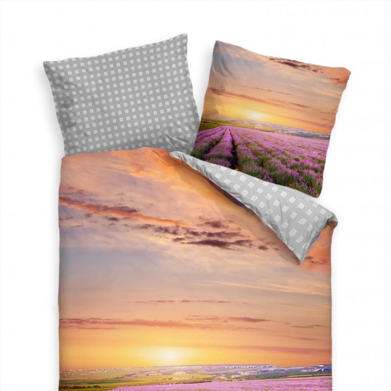 Lavendel Feld Sonnenuntergang Rot Bettwäsche Set 135×200 cm + 80x80cm  Atmungsaktiv