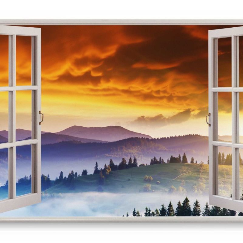 Wandbild 120x80cm Fensterbild Roter Himmel Berge Nebel Landschaft Natur