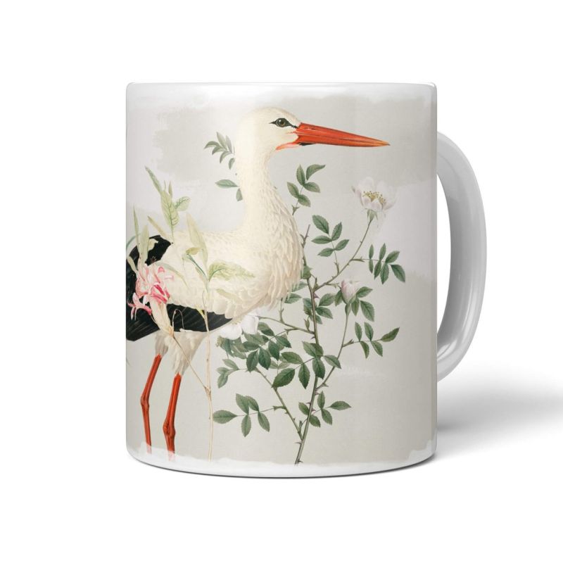 Dekorative Tasse mit schönem Vogel Motiv Storch Blumen Blüten Pastelltöne Kunstvoll