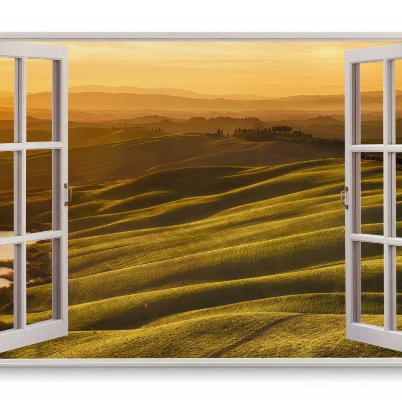 Wandbild 120x80cm Fensterbild Toskana Italien Sonnenuntergang Hügel Landschaft