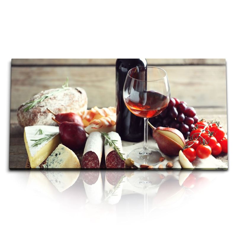 Kunstdruck Bilder 120x60cm Wein Käse Salami Essen Küchenbild Brot