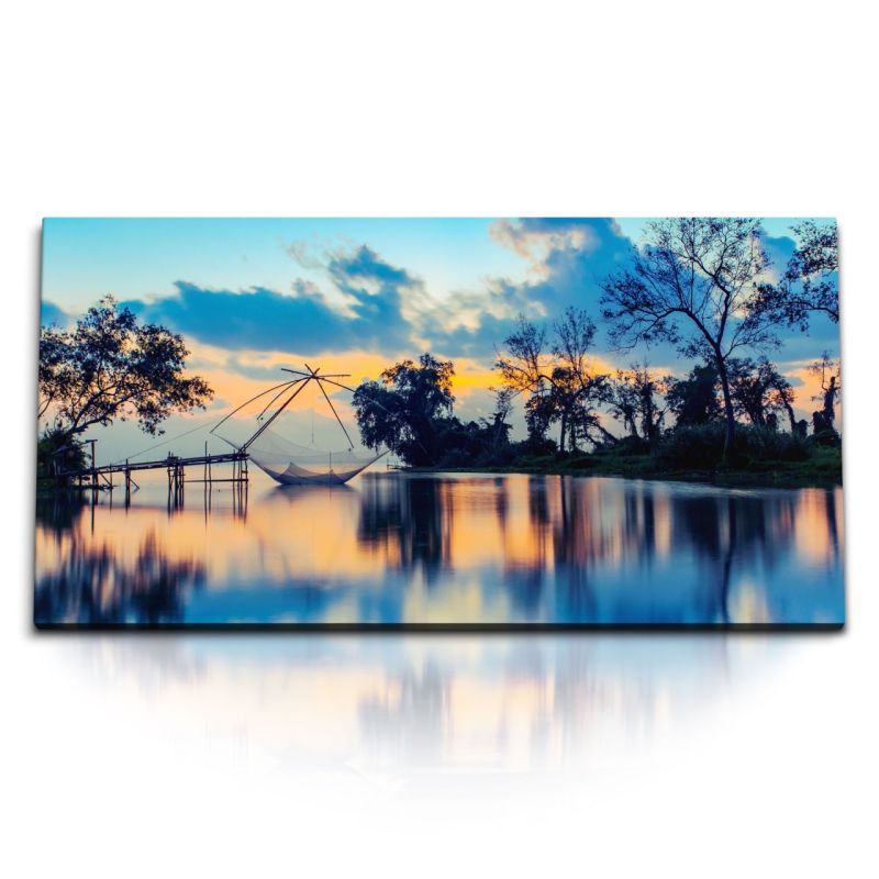 Kunstdruck Bilder 120x60cm Thailand Meer Blau Abendrot Fischernetz Sonnenuntergang