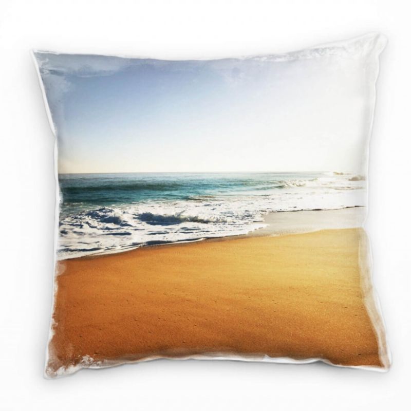 Strand und Meer, braun, blau, Sonnenschein, Strand Deko Kissen 40x40cm für Couch Sofa Lounge Zierkis