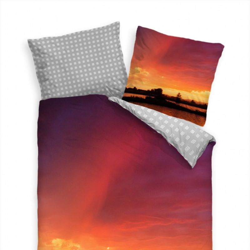 Sonnenuntergang Teich Purpur Orange  Bettwäsche Set 135×200 cm + 80x80cm  Atmungsaktiv