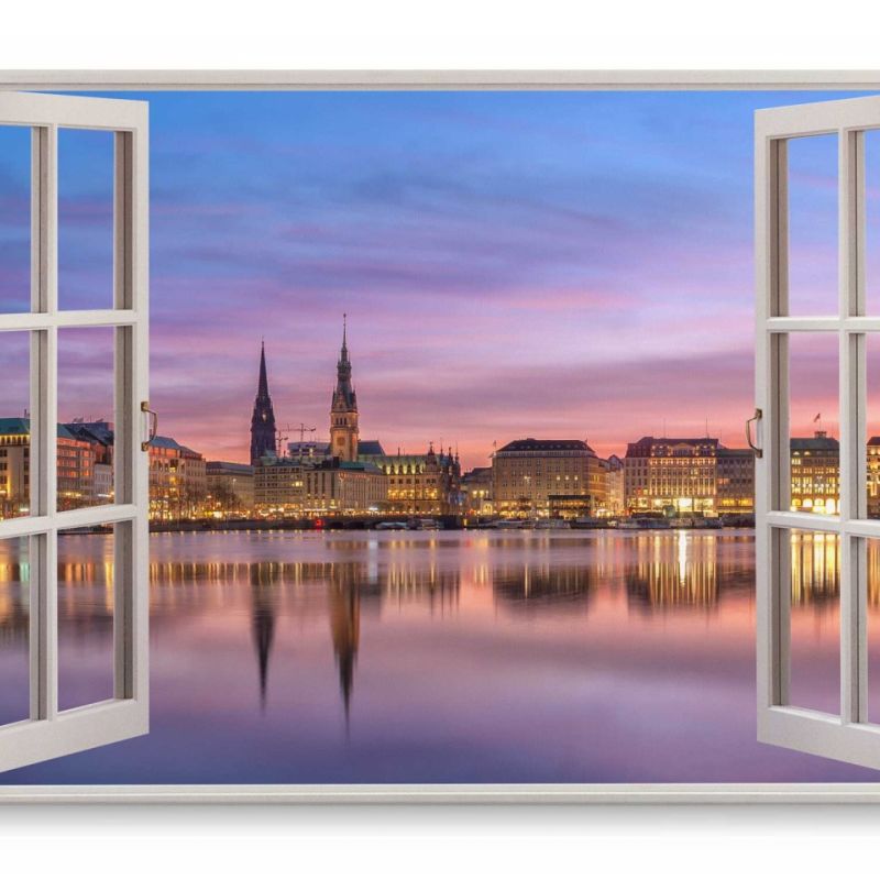 Wandbild 120x80cm Fensterbild Hamburg Altstadt Lichter Nacht Abenddämmerung