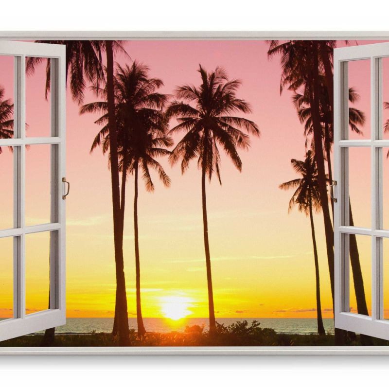 Wandbild 120x80cm Fensterbild Palmen Sonnenuntergang Traumstrand Meer Horizont