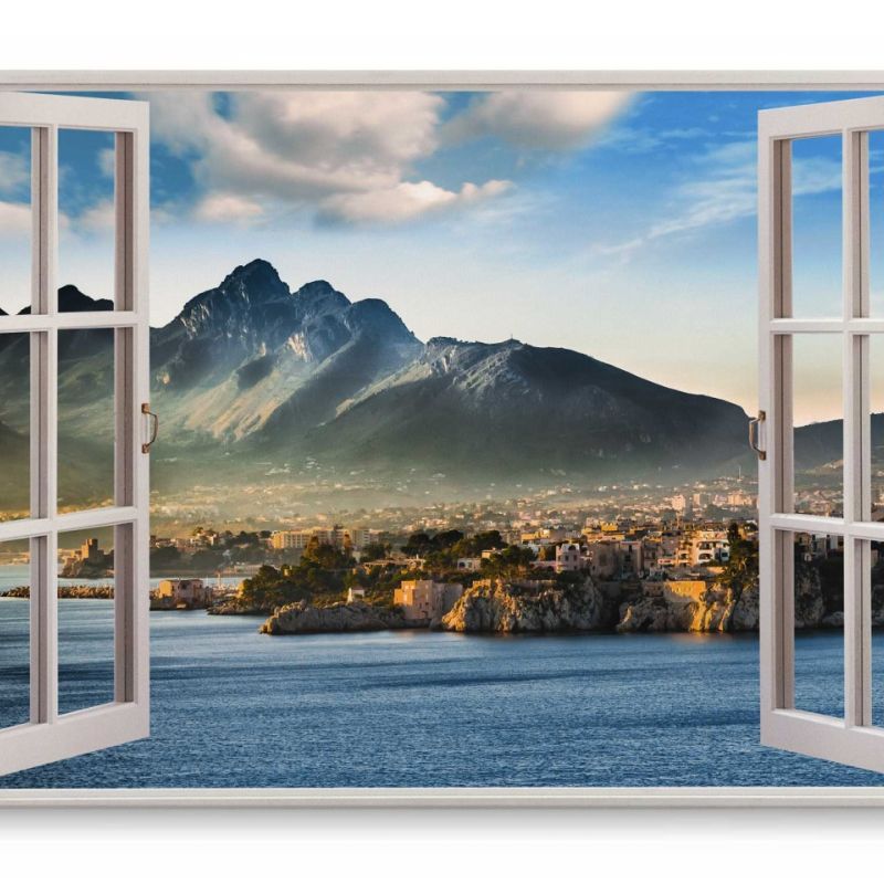 Wandbild 120x80cm Fensterbild Küstenstadt Sizilien Italien Meer Berge Mittelmeer