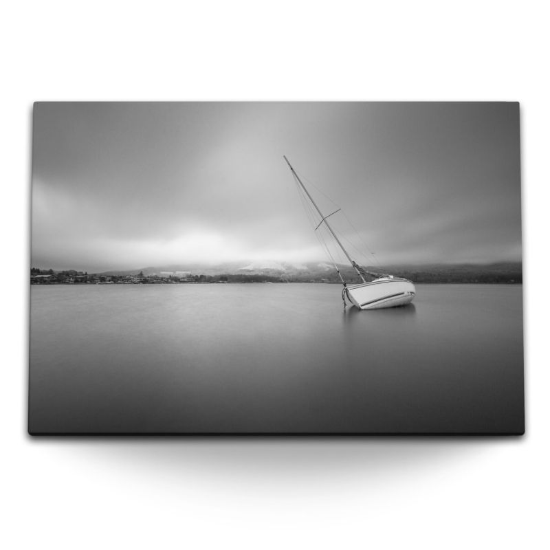 120x80cm Wandbild auf Leinwand Schwarz Weiß Fotografie Segelboot Meer Grau