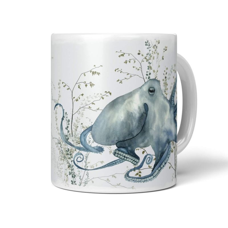 Dekorative Tasse mit schönem Motiv Oktopus Aquarell Pflanzen Wasserfarben Kunstvoll Einzigartig