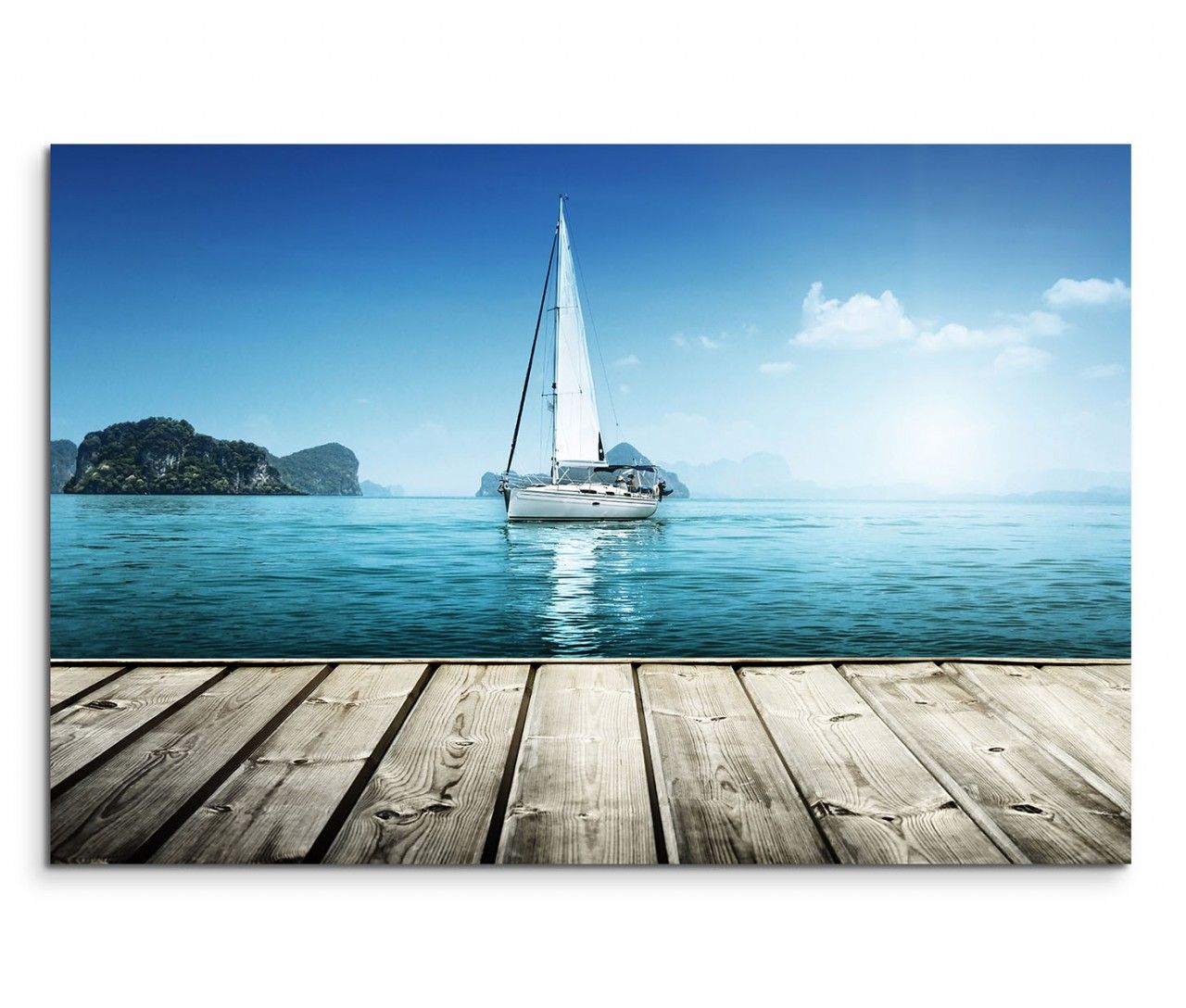 120x80cm Wandbild Holzsteg Meer Segelyacht Himmel