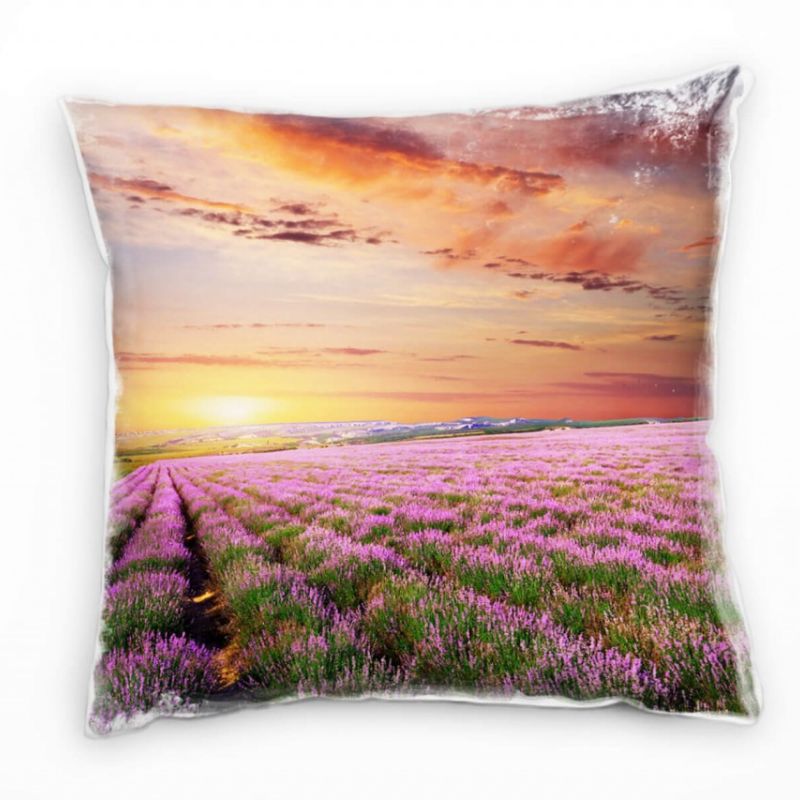 Blumen, Landschaft, orange, rosa, Lavendelfeld Deko Kissen 40x40cm für Couch Sofa Lounge Zierkissen