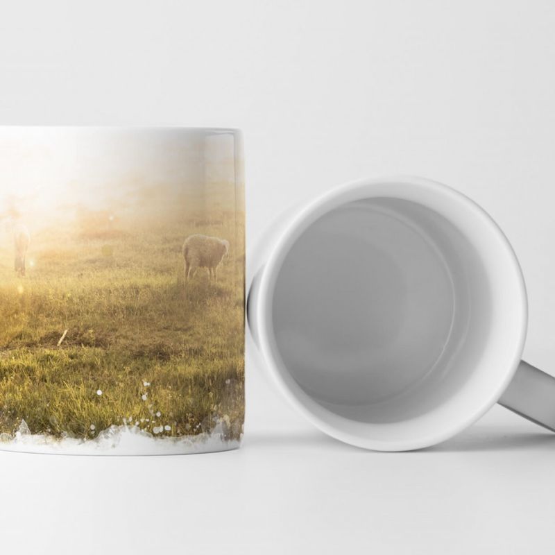 Tasse Geschenk Naturfotografie – Lämmer auf der Wiese im Licht