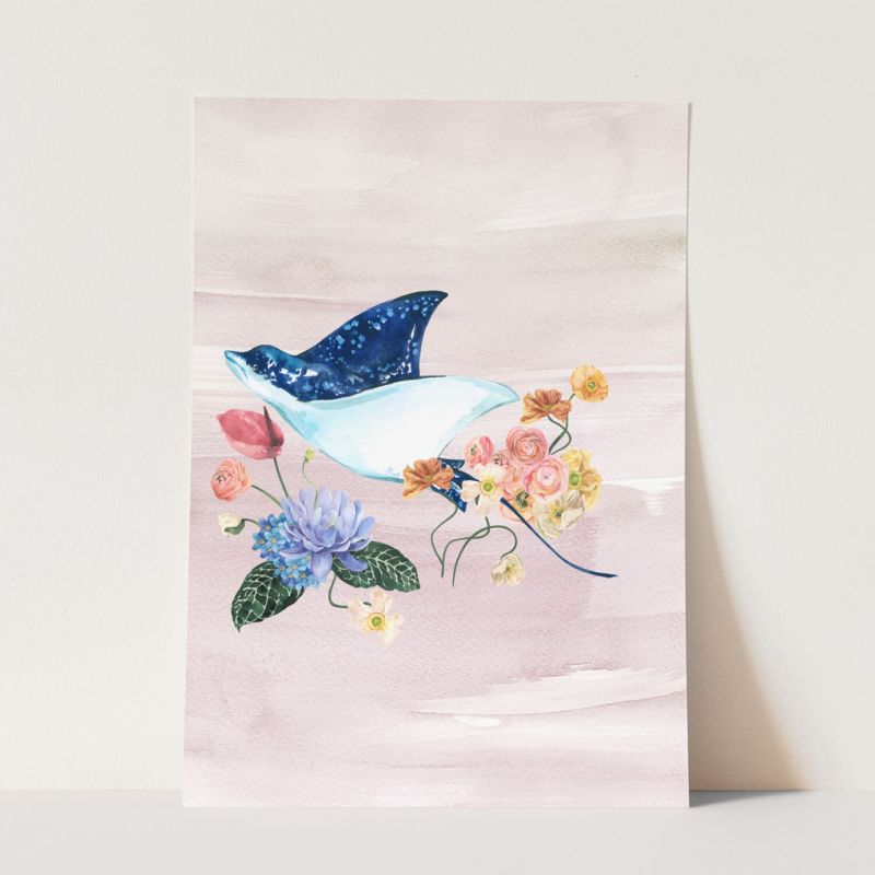 Wandbild Manta Rochen Riesenrochen Aquarell Blumen Farbenfroh Wasserfarben