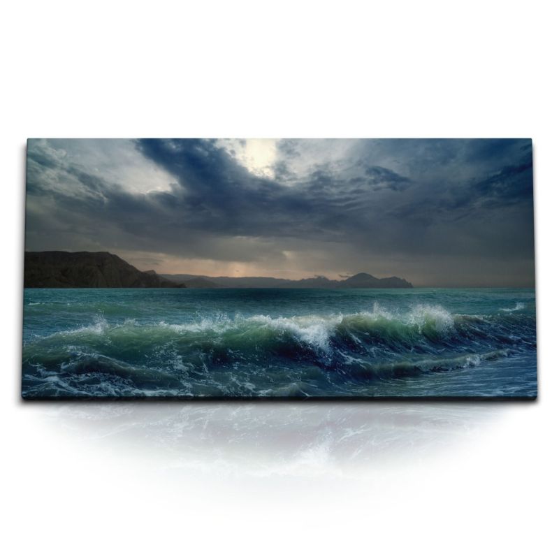 Kunstdruck Bilder 120x60cm Gewitterwolken Ozean Meer Wellen Sturm Grau