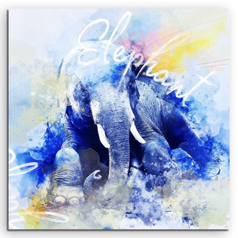 Sitzender Elefant in Blautönen mit Kalligraphie